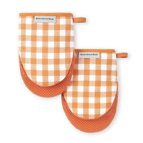 KitchenAid Gingham mini oven mitts honey, front view, heat-protective design.