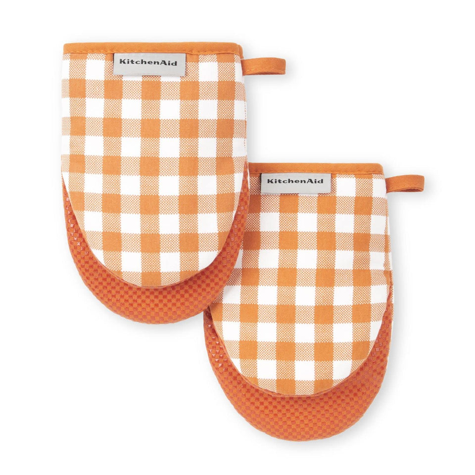 KitchenAid Gingham mini oven mitts honey, front view, heat-protective design.