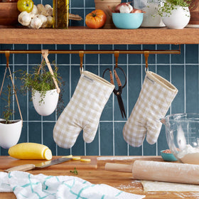 KitchenAid Gingham oven mitt with hanging loop for easy storage