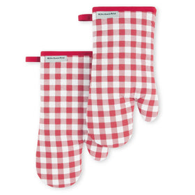 KitchenAid Gingham oven mitts front view in Passion Red protect hands from hot cookware.