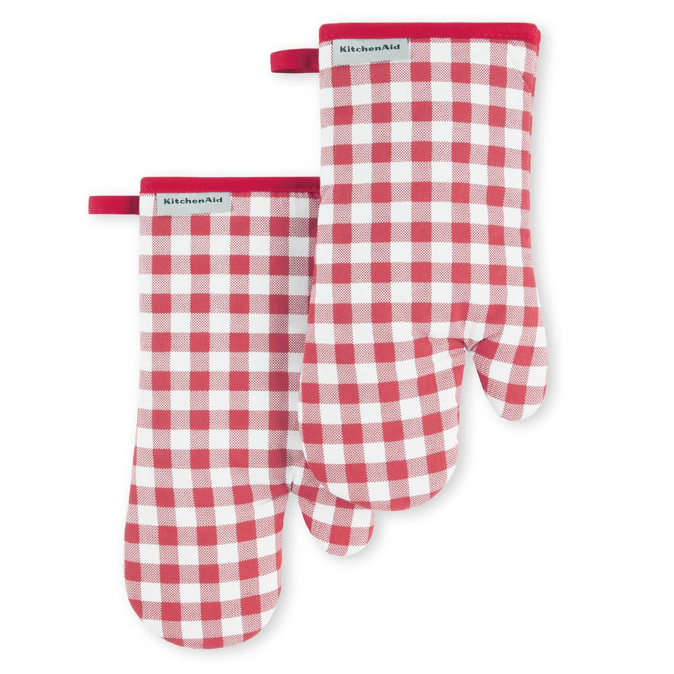 KitchenAid Gingham oven mitts front view in Passion Red protect hands from hot cookware.