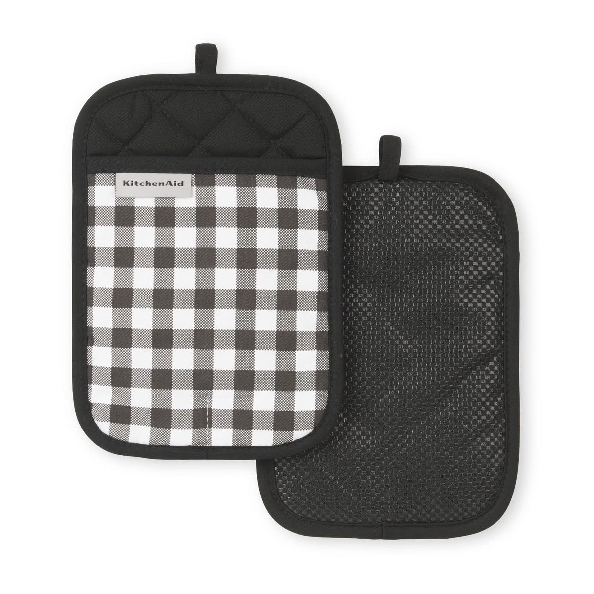 KitchenAid Gingham pot holder front view with matte black checkered pattern and secure grip.