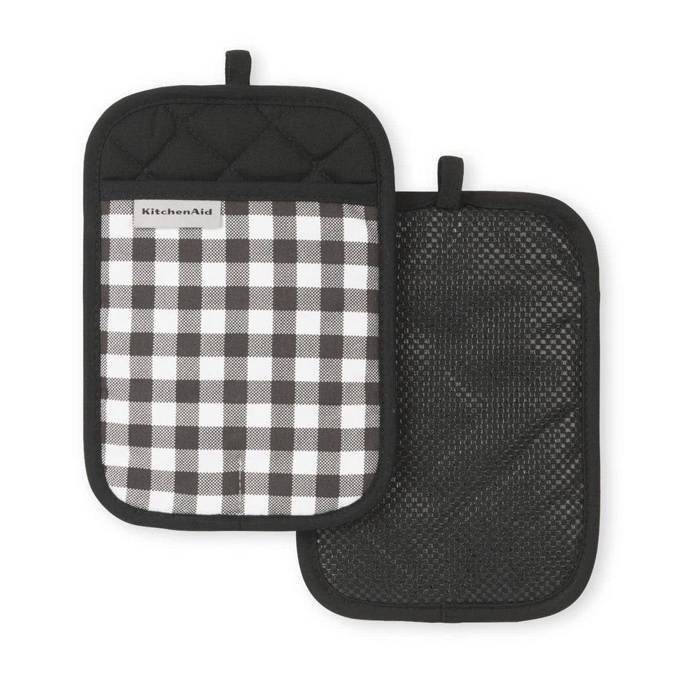 KitchenAid Gingham pot holder front view with matte black checkered pattern and secure grip.