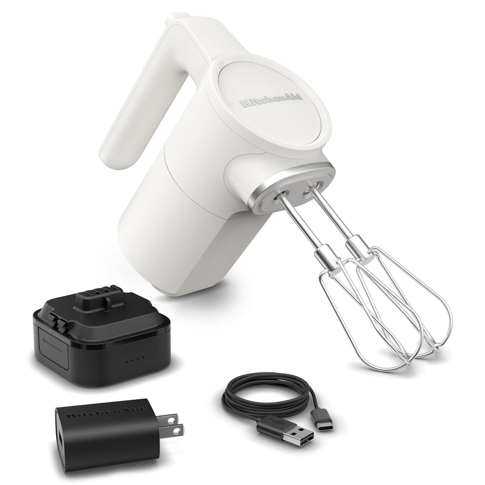 KitchenAid Go cordless hand mixer porcelain white, enabling flexible, spill-free mixing anywhere.