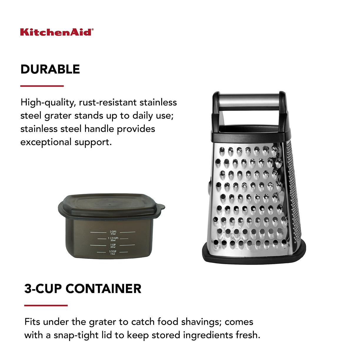 KitchenAid four-pattern grater offers fine, medium, coarse grating and slicing options.