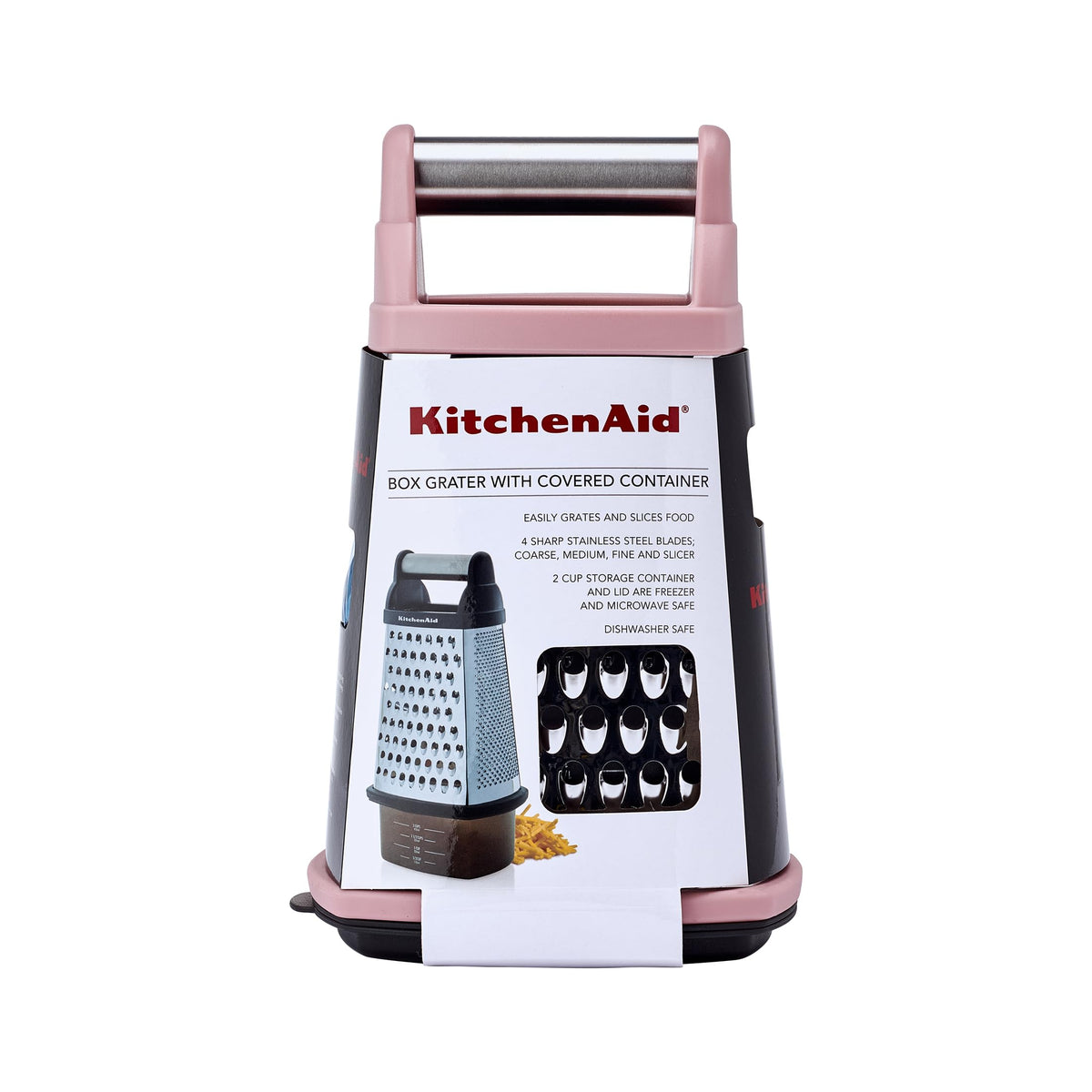 KitchenAid Gourmet Box Grater lid and container simplify storage and cleanup.