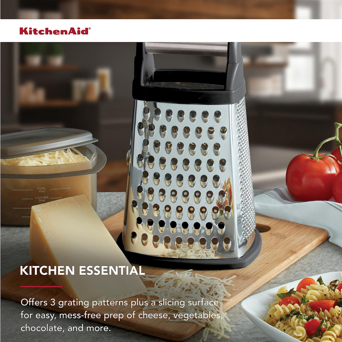 KitchenAid grater with slicing blade for versatile prep.