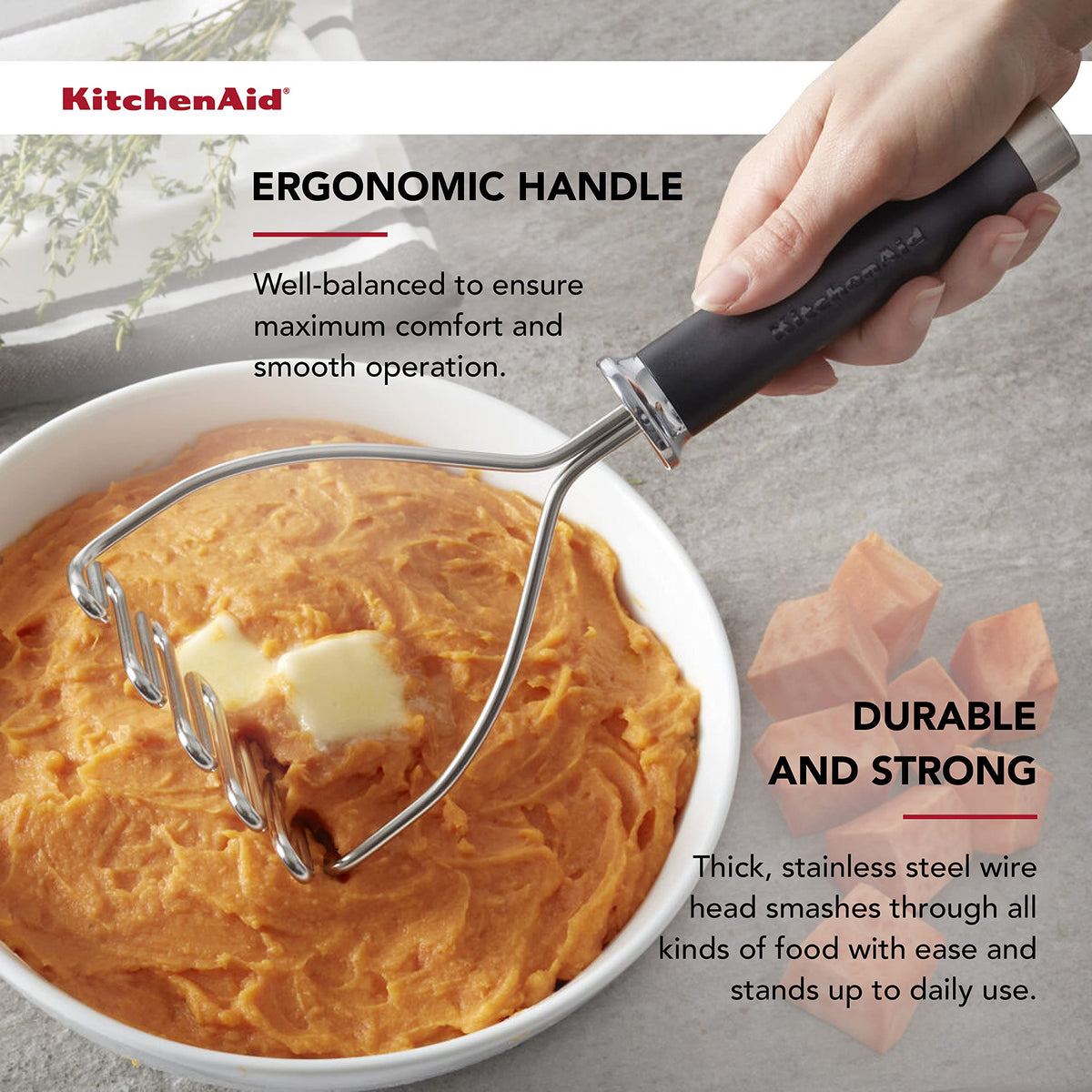 Close-up of mashed potatoes using the KitchenAid Gourmet masher