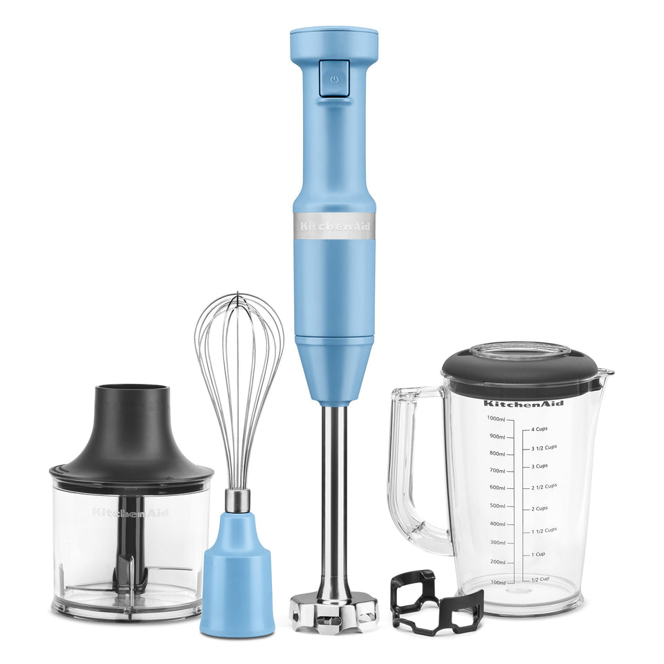 KitchenAid Blue Velvet hand blender with 8in blending arm for smooth purees and sauces.
