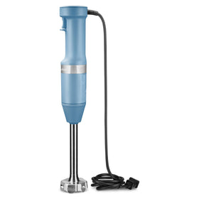 KitchenAid Blue Velvet hand blender with pan guard protecting cookware during blending.
