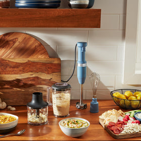 KitchenAid Blue Velvet hand blender whisk attachment creates fluffy eggs and emulsions.