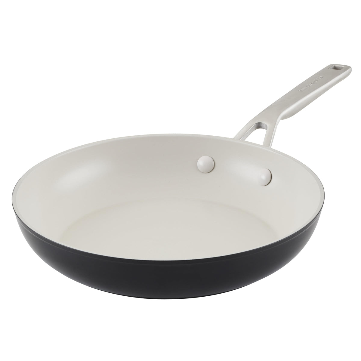 KitchenAid pan top view with matte black finish and easy-release ceramic surface for quick cooking