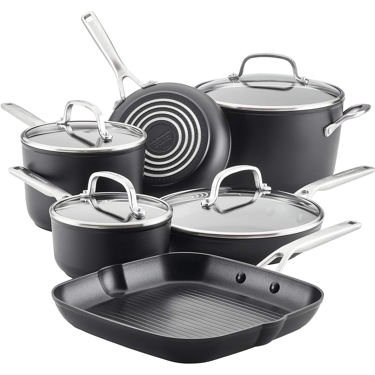 KitchenAid hard anodized induction nonstick cookware 10-piece set in matte black.