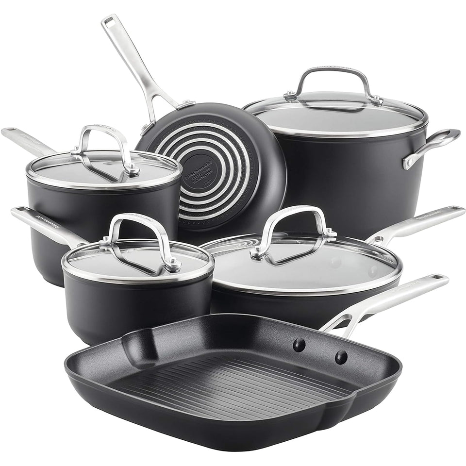 KitchenAid hard anodized induction nonstick cookware 10-piece set in matte black.