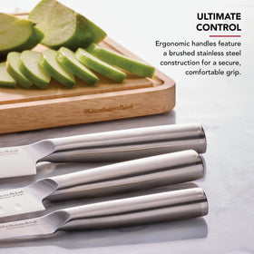 Close-up of KitchenAid high-carbon Japanese steel blade showing sharp edge