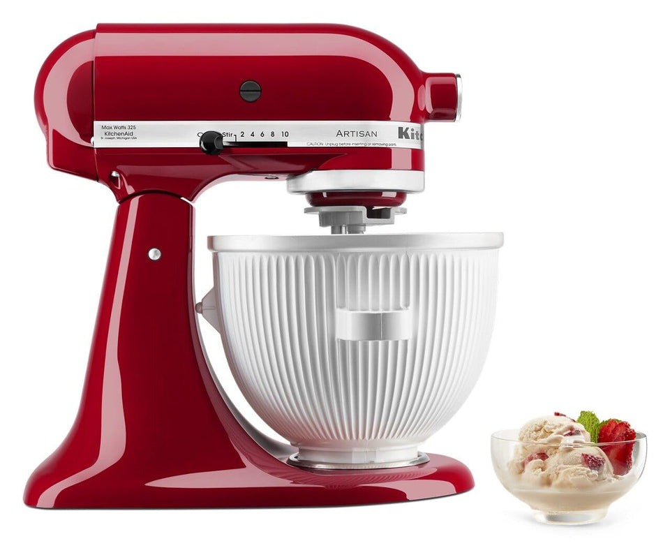 KitchenAid ice cream maker attachment bowl connects to stand mixer for quick, creamy frozen desserts.