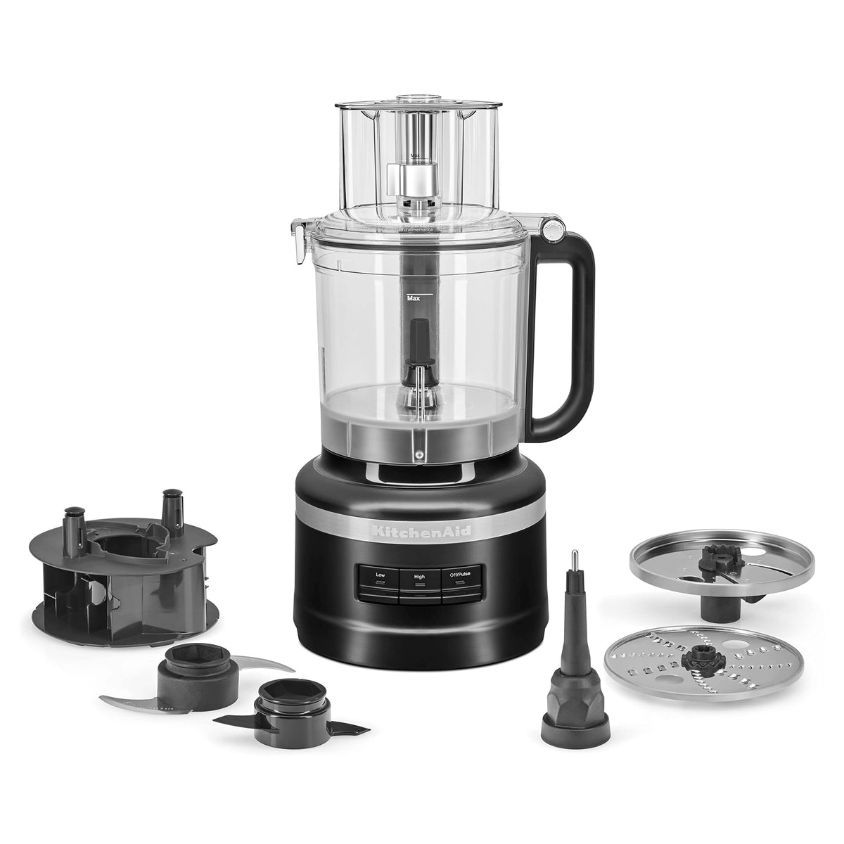 KitchenAid KFP1318 13-cup food processor bowl and discs keep blades organized.