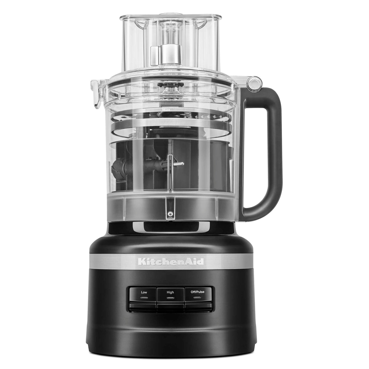 KitchenAid KFP1318 3-in-1 feed tube enables processing varied shapes quickly.