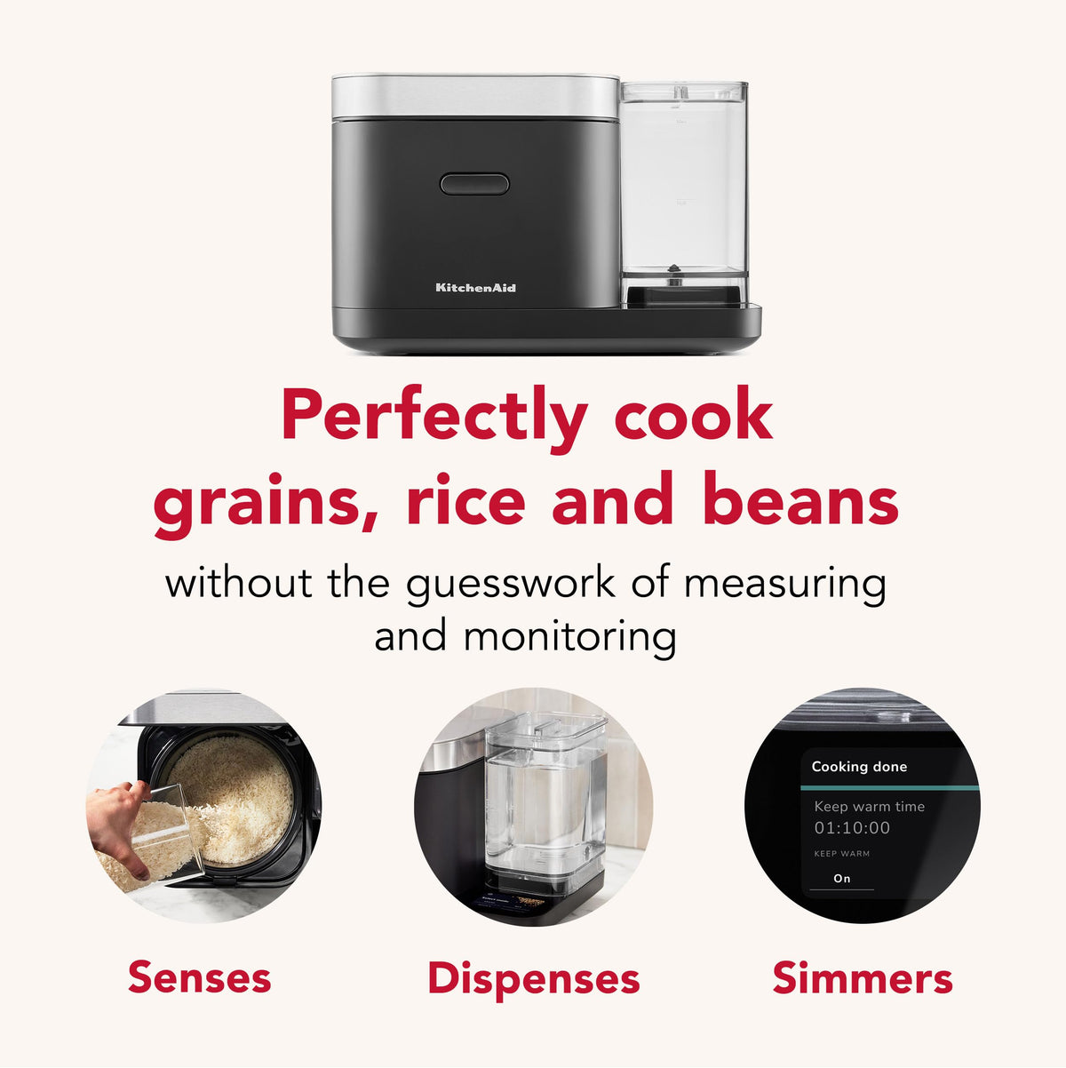 KitchenAid KGC3155 integrated scale senses grain amount for precise water ratios.