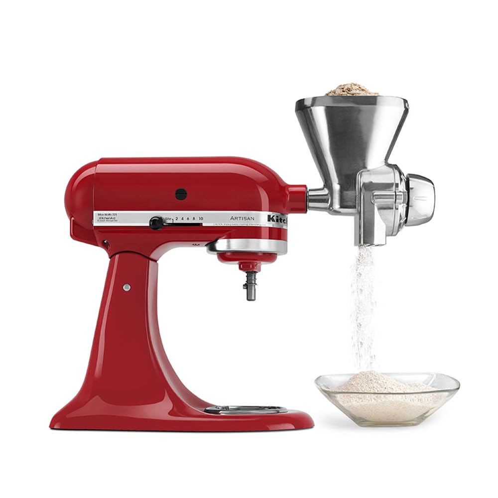 KitchenAid KGM grain mill attachment loading grains to grind fresh flour
