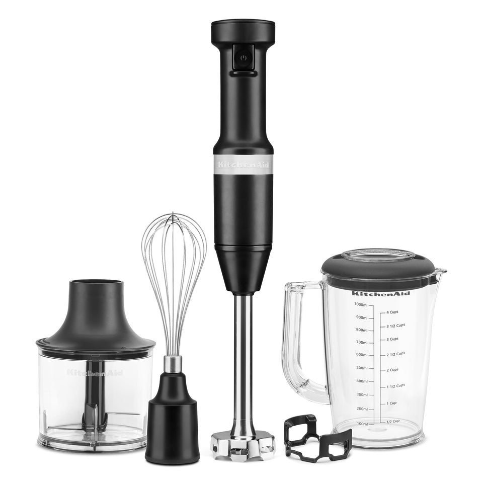 KitchenAid KHBV83BM 8-inch blending arm for smooth blends with smoothies and soups.
