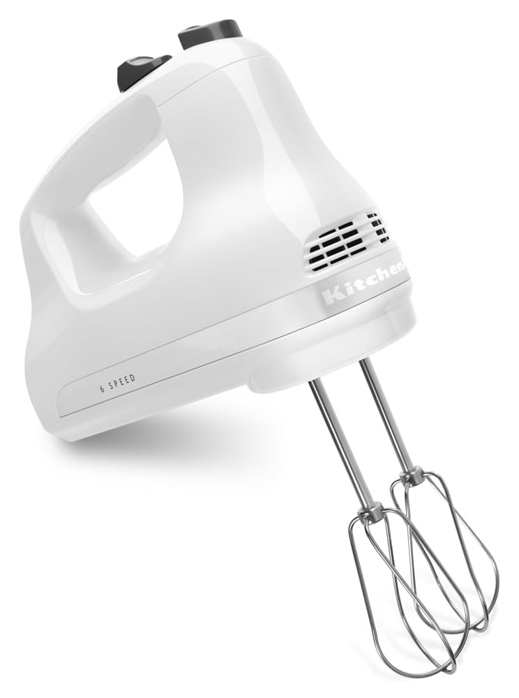 KitchenAid KHM512 white 5-speed hand mixer with ergonomic soft grip handle.
