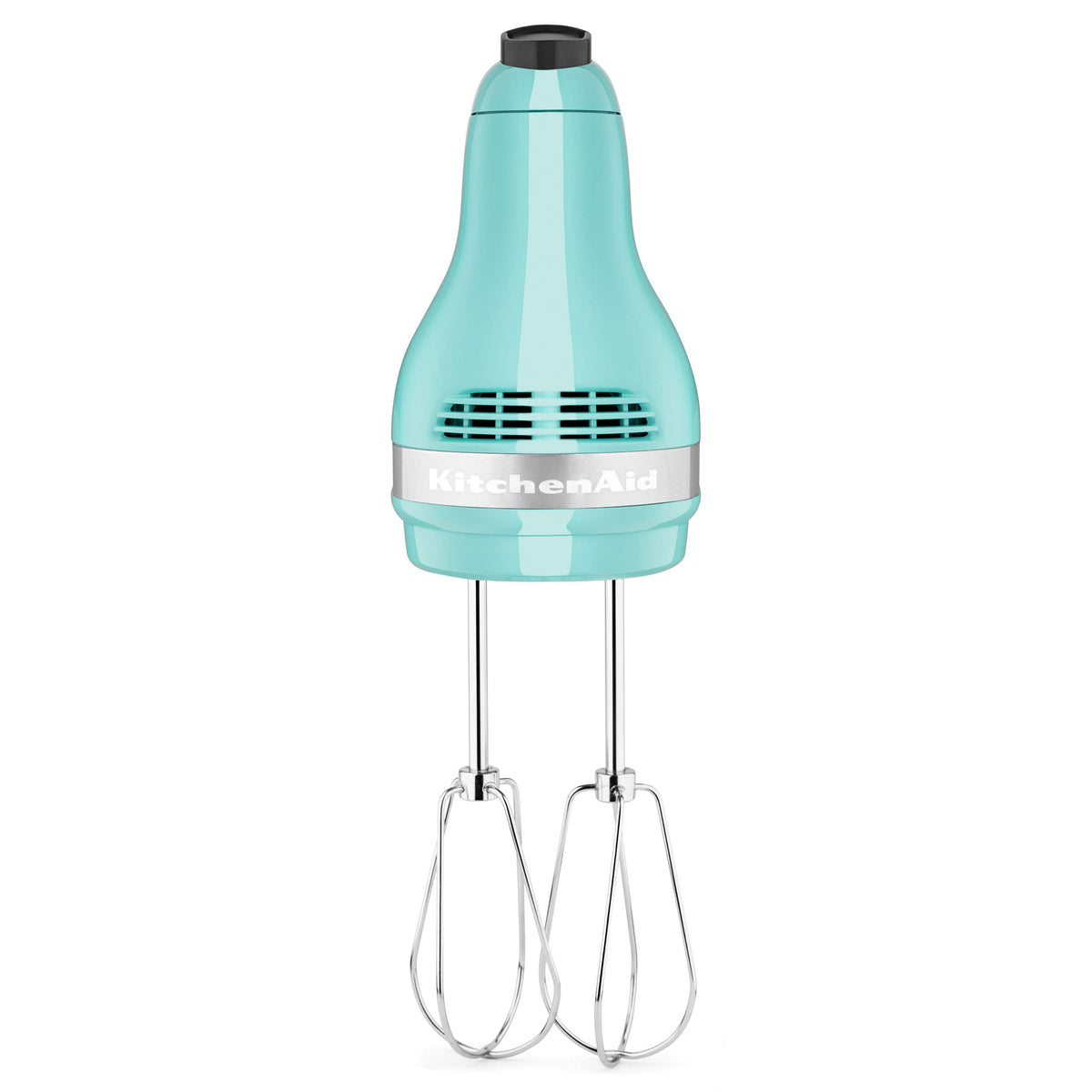 KitchenAid KHM512 Aqua Sky hand mixer showing 5-speed control for versatile mixing