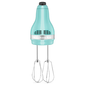 KitchenAid KHM512 Aqua Sky hand mixer showing 5-speed control for versatile mixing