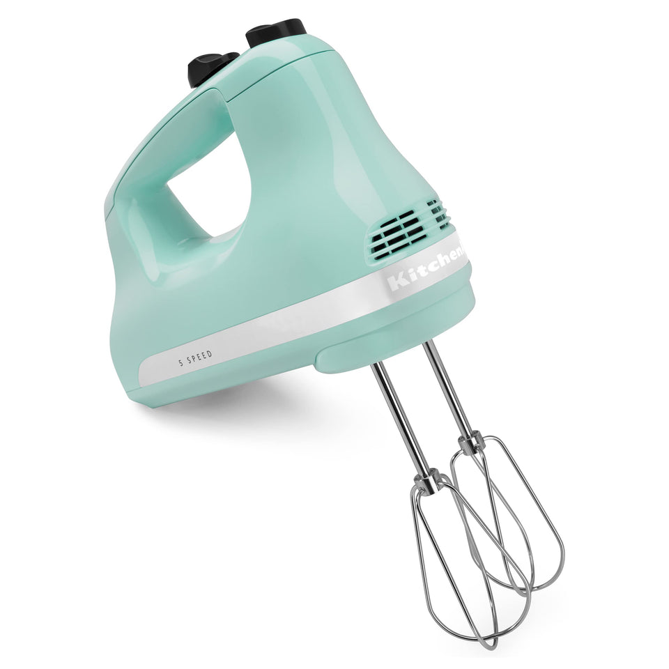 KitchenAid KHM512 ice blue hand mixer in use for creamy batter