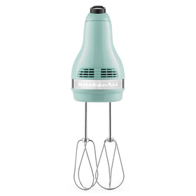 KitchenAid KHM512 ice blue hand mixer showing speed control