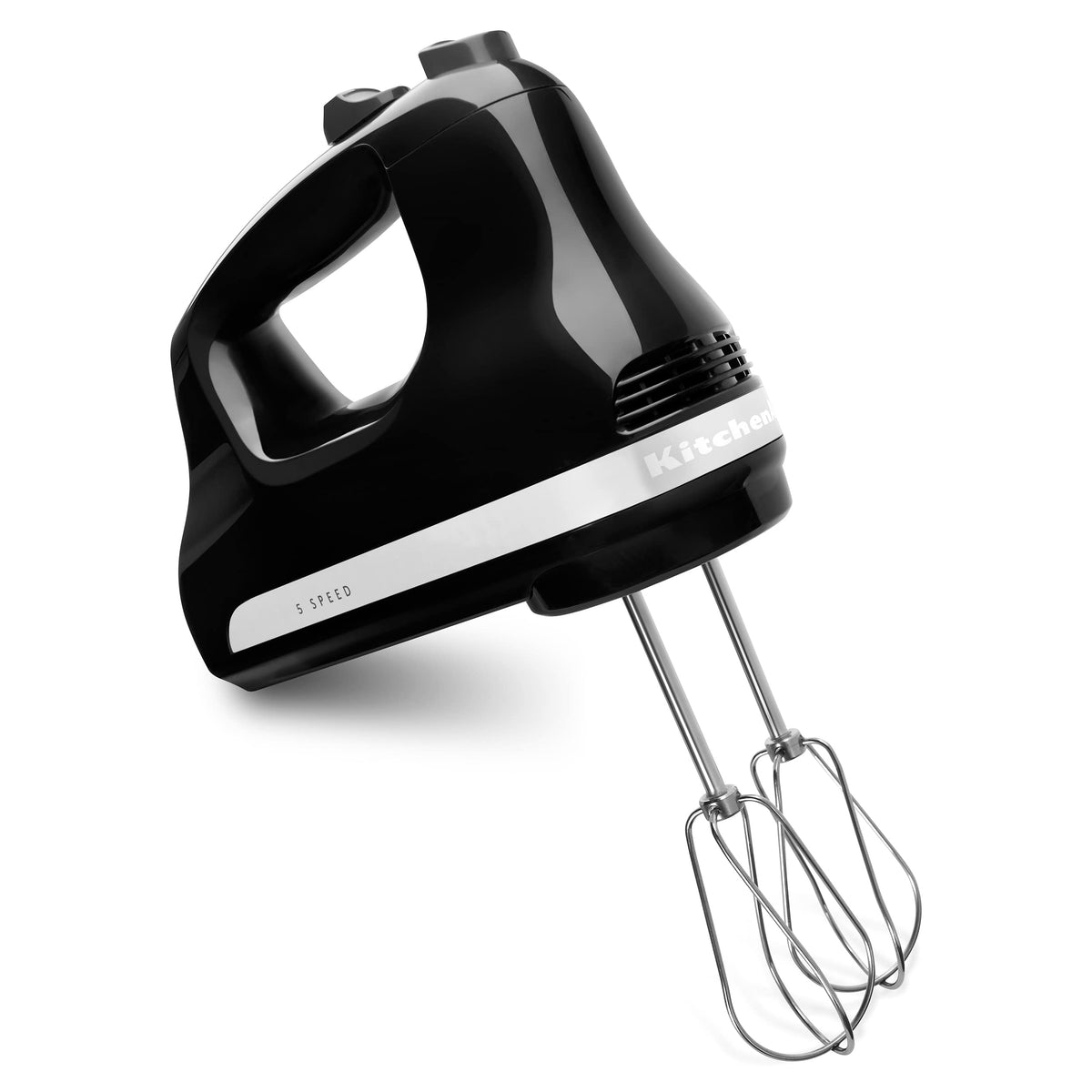 KitchenAid KHM512 onyx black hand mixer with compact design for quick everyday mixing.