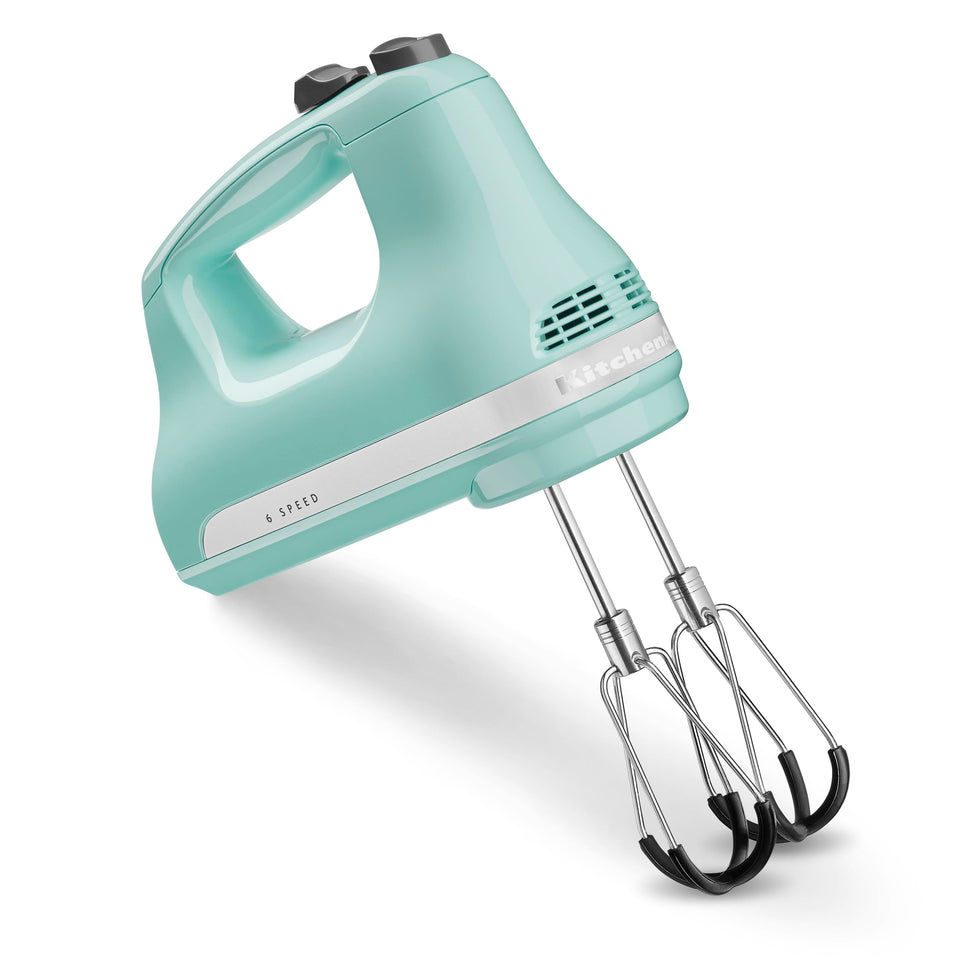 KitchenAid KHM6118 hand mixer with Flex Edge Beaters for faster, thorough batter blending.