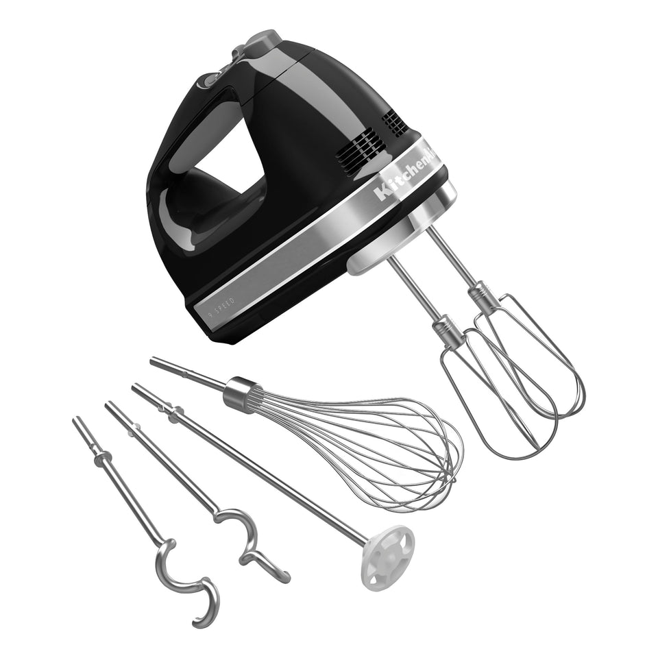 KitchenAid KHM926 hand mixer onyx black with smooth speed control for quick mixing tasks.