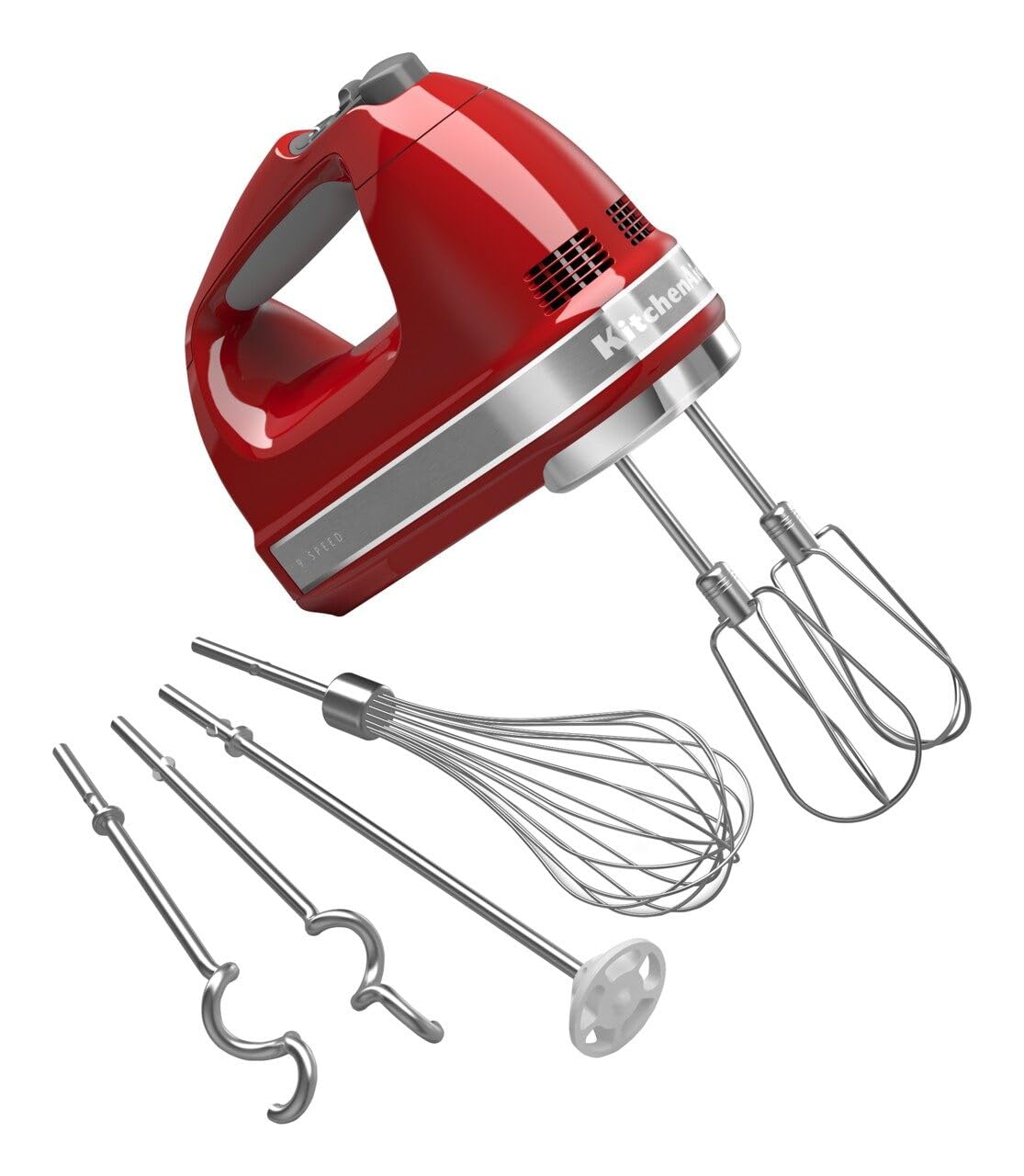 KitchenAid KHM926ER Empire Red hand mixer, top view, ideal for everyday blending