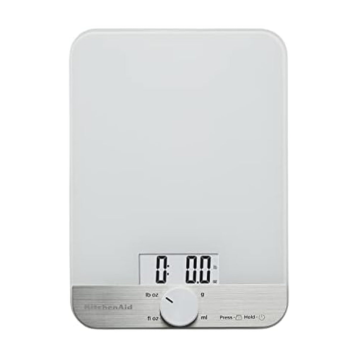 KitchenAid KQ908 glass surface scale with backlit readout for precise measurements.