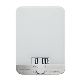 KitchenAid KQ908 glass surface scale with backlit readout for precise measurements.