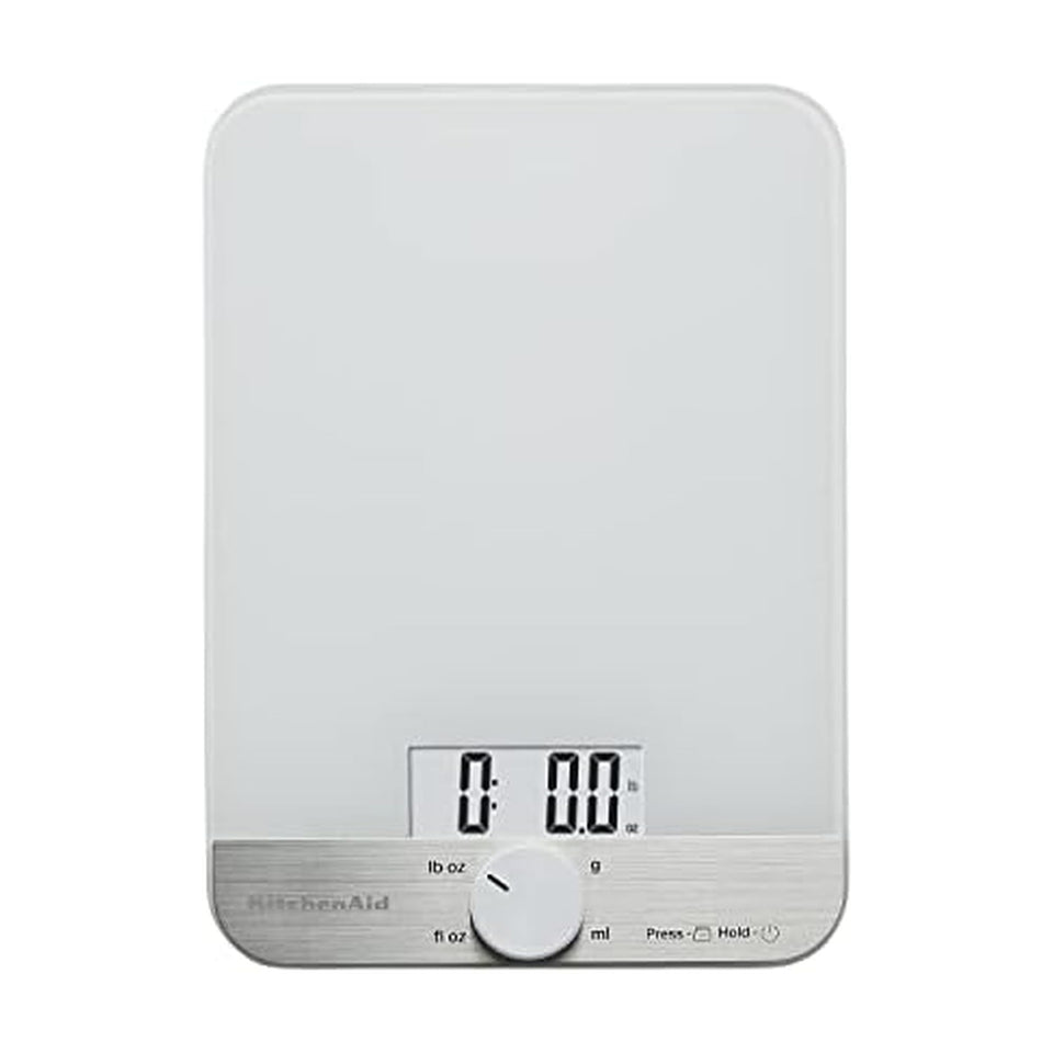 KitchenAid KQ908 glass surface scale with backlit readout for precise measurements.