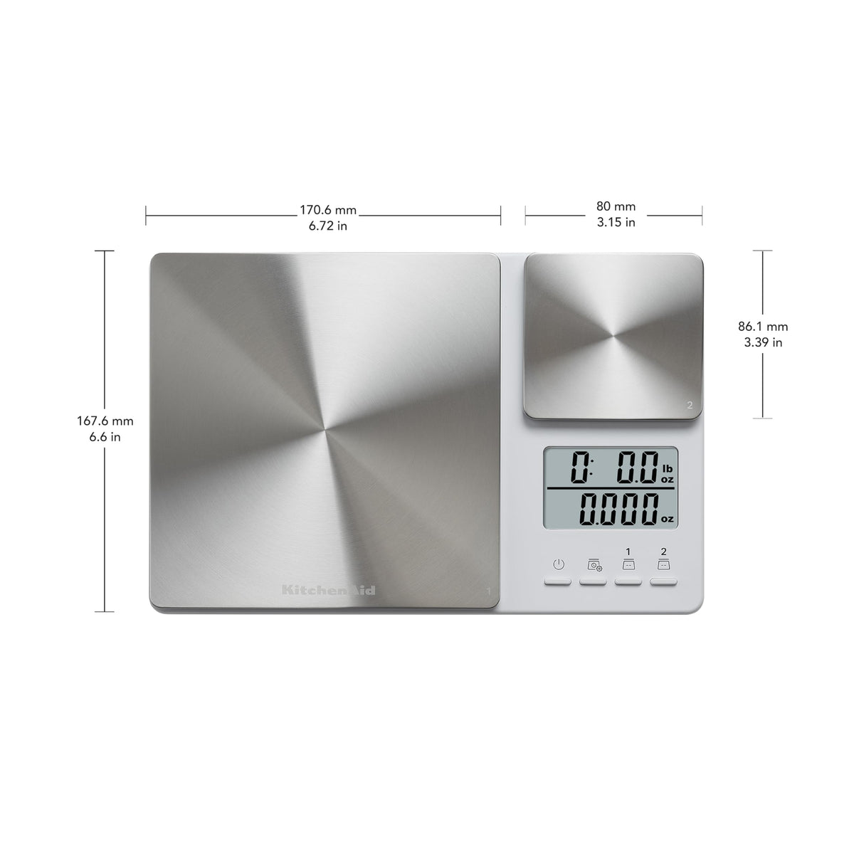 KitchenAid KQ909 backlit readout shows both weights at a glance.