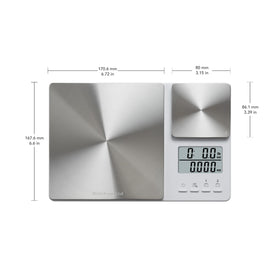 KitchenAid KQ909 backlit readout shows both weights at a glance.