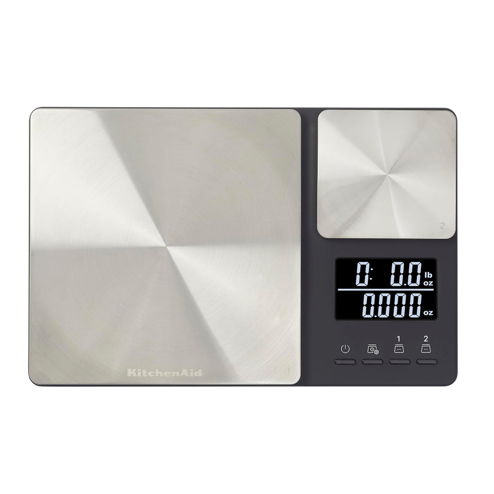 KitchenAid KQ909 dual-platform scale front view shows precise batch weighing.