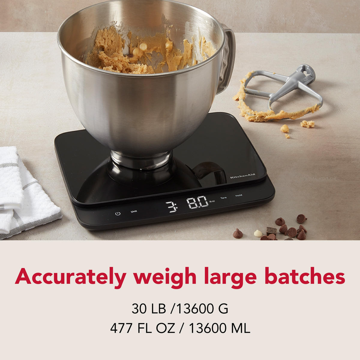 KitchenAid KQ917 bright LED display clearly shows measurements from across the kitchen.