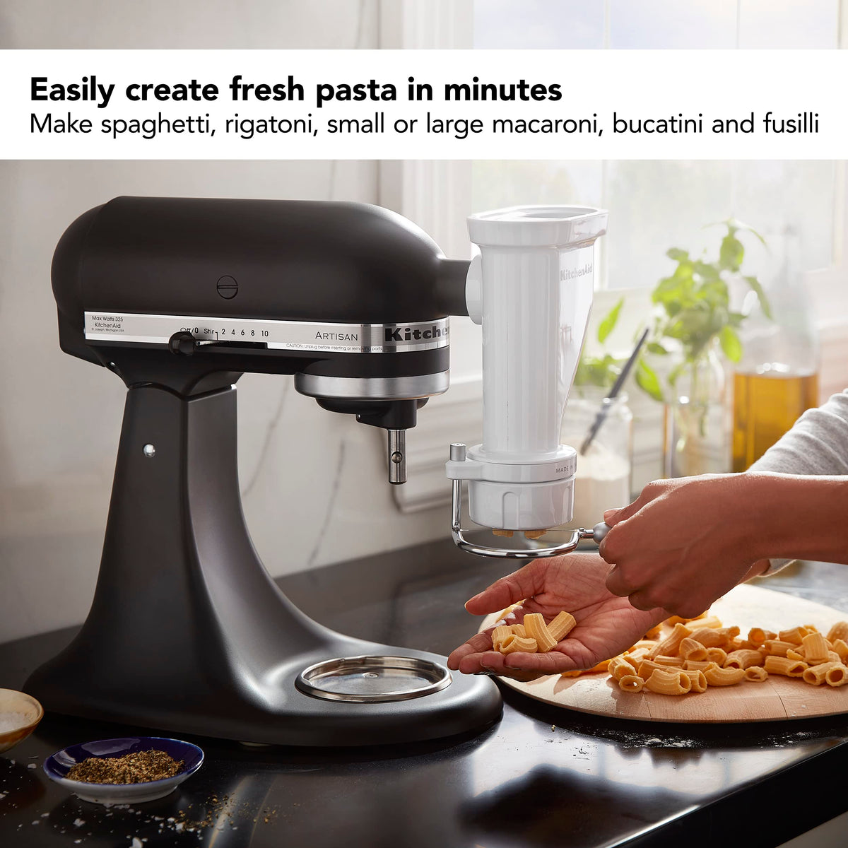 KitchenAid KSMPEXTA pasta disc spaghetti for quick, even strands.