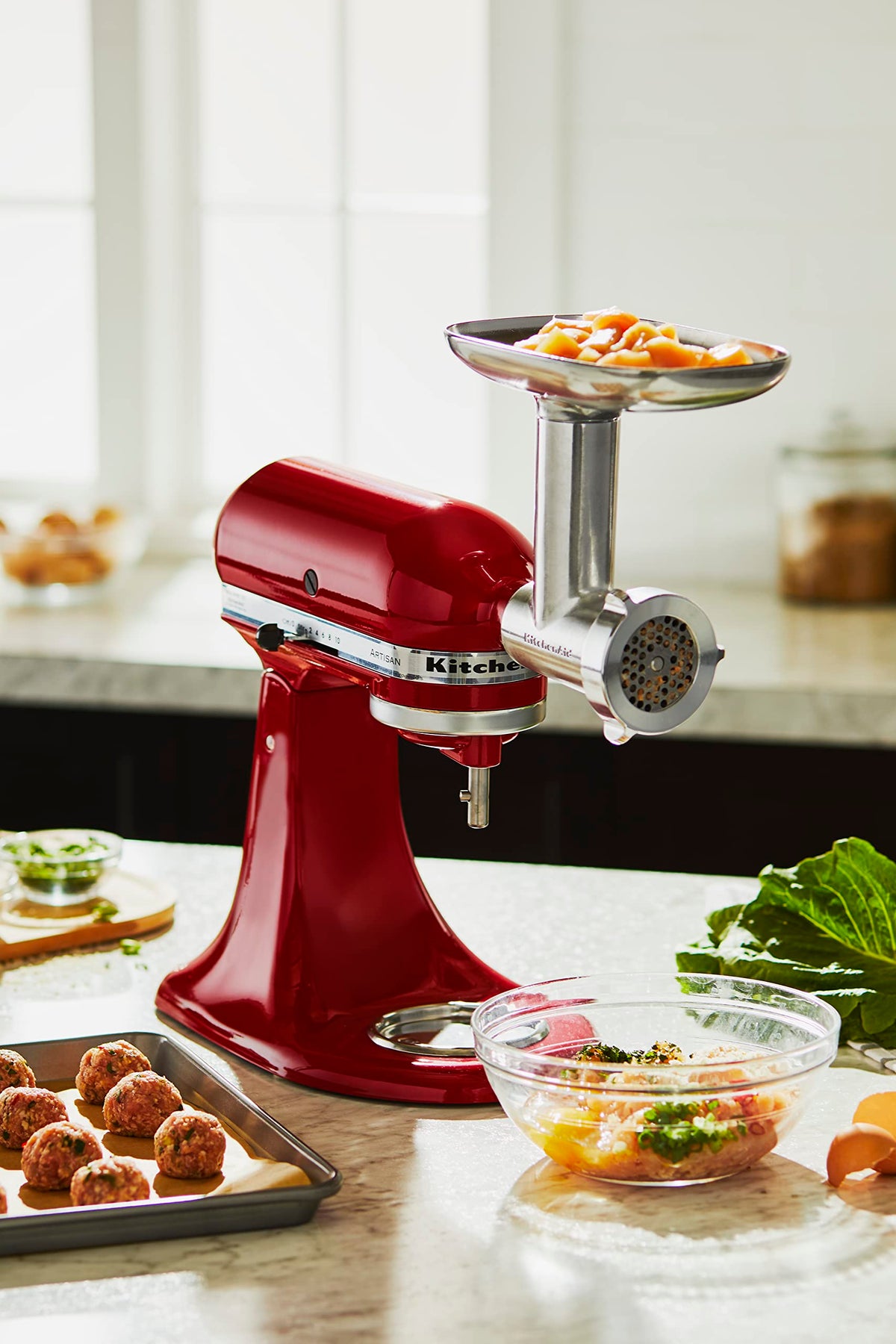 Large tray collects ingredients for batch grinding with KitchenAid metal grinder.