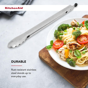 KitchenAid long tongs 14-inch in action for flipping and serving