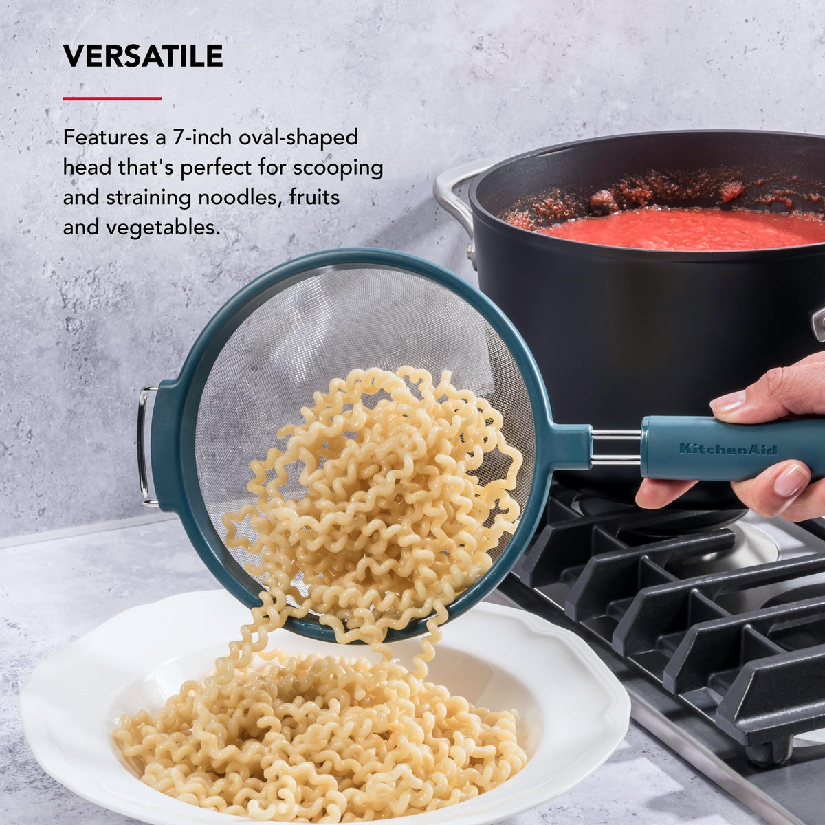 KitchenAid mesh strainer features durable stainless steel mesh for long-lasting use.