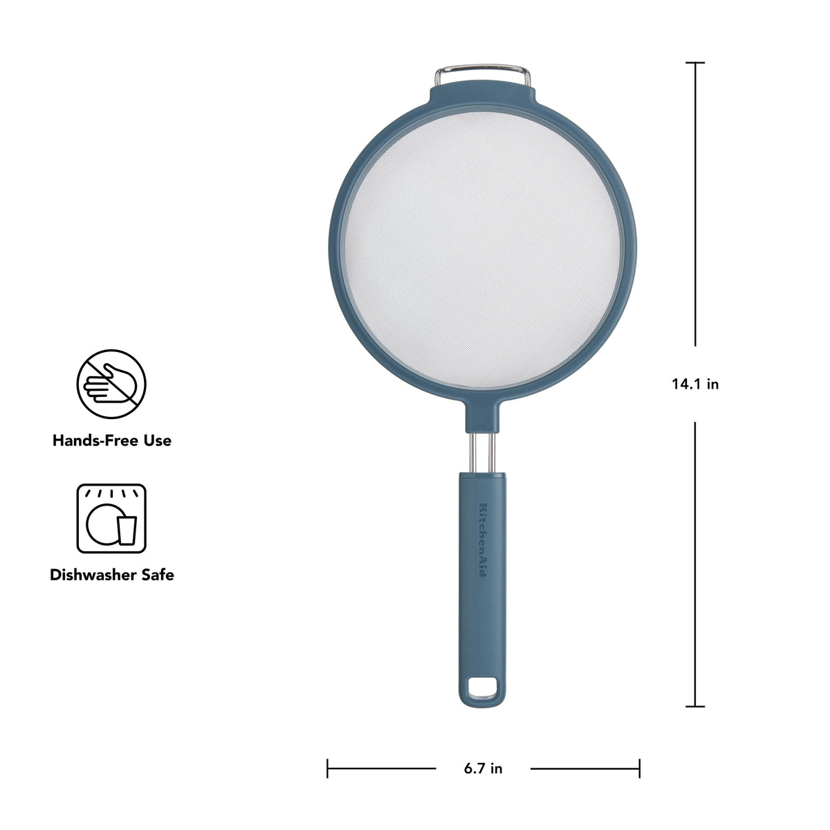 KitchenAid mesh strainer shows hands-free lip rest for easy straining over sink.