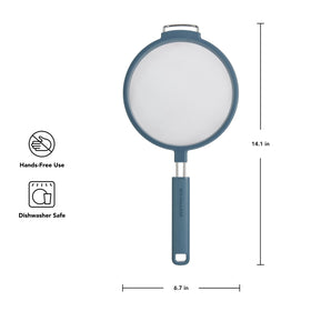 KitchenAid mesh strainer shows hands-free lip rest for easy straining over sink.