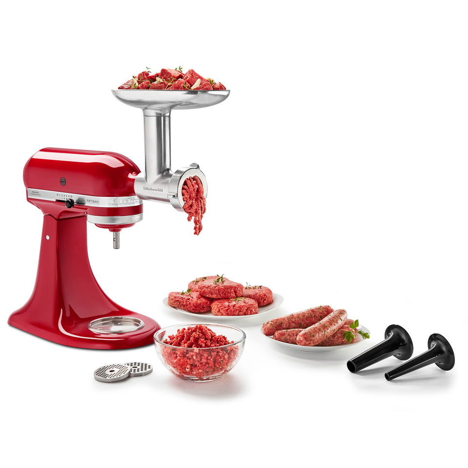 KitchenAid metal food grinder attachment ready to grind fresh ingredients with stand mixer.