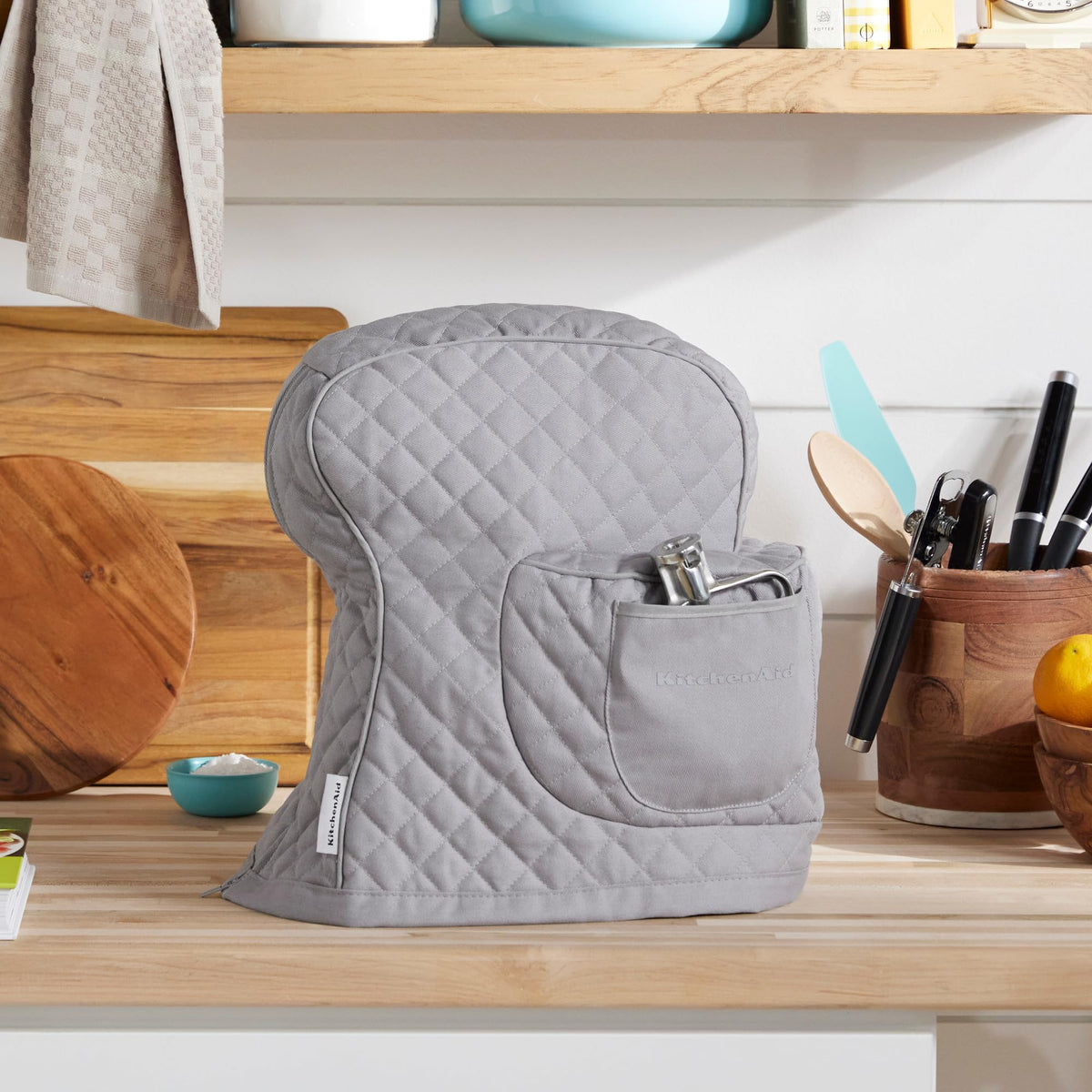 Grey quilted 100% cotton cover protecting KitchenAid mixer from dust