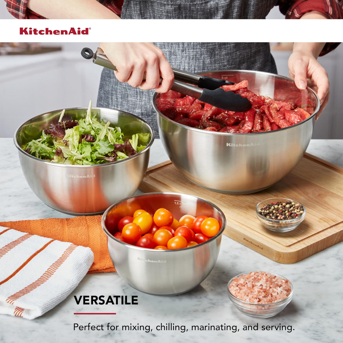 KitchenAid mixing bowls 3-quart perfect for salad dressings and marinating.
